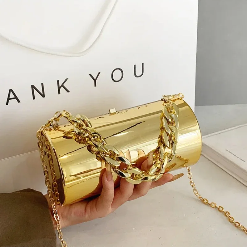 Women\'s Handbag Bags For Women 2024 Party Clutches Fashion Cylinder Mini Evening Purse Crossbody Shoulder Bag Gold Box Clutch