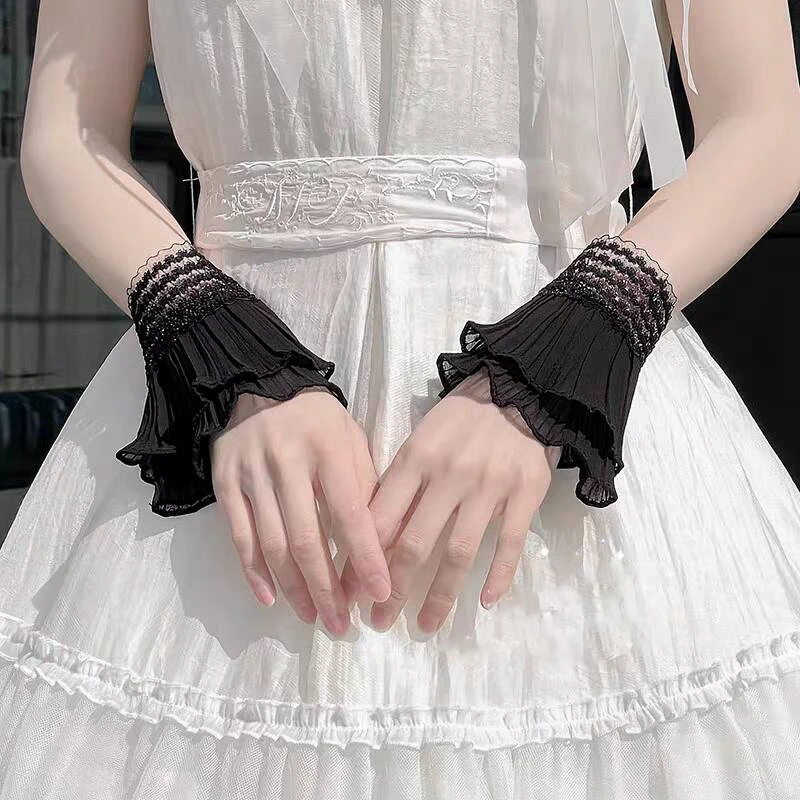 White romantic fake sleeves DIY detachable cuffs elastic wrist pleated organ Lolita ruffle arm sleeves cuff extension