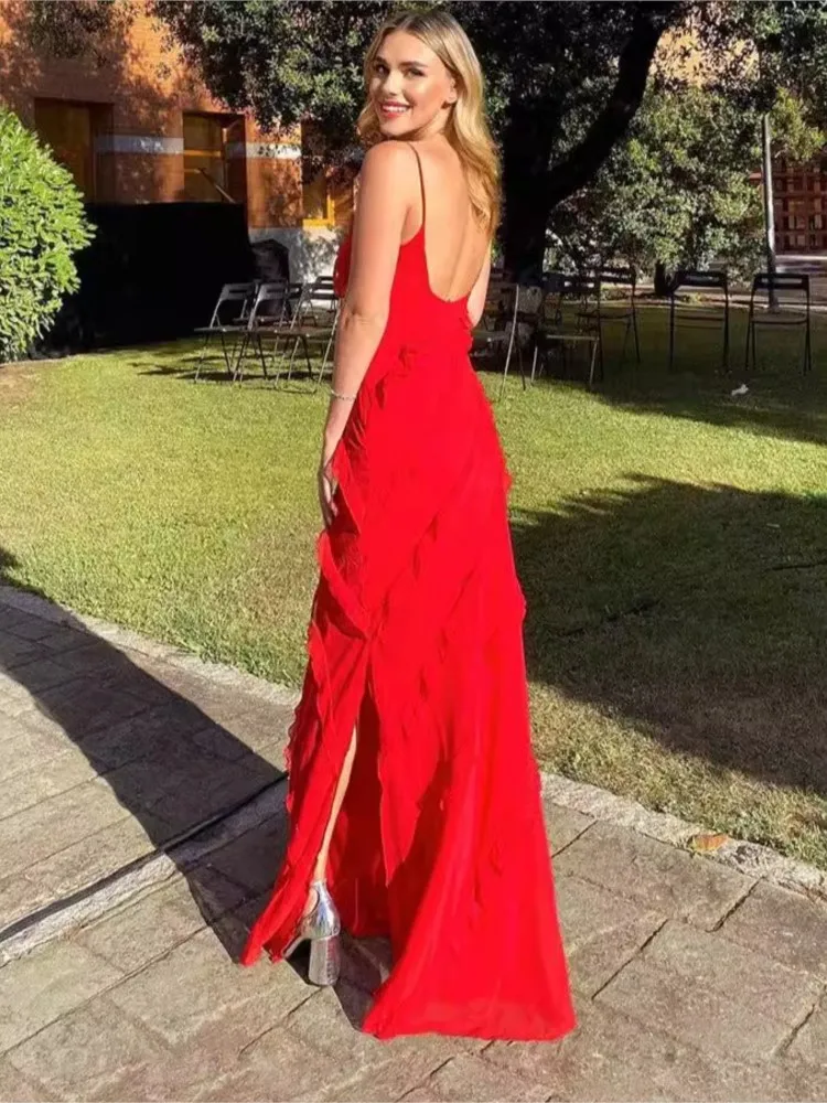 Sexy Spaghetti Strap Dresses Women V-neck Backless Wave Ruffles Package Hip Slit Dress Fashion Trendy  Party Night Club Vestidos