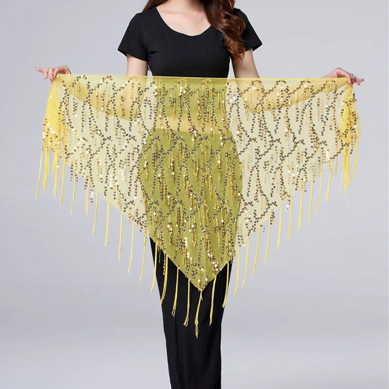 Belly Dance Hip Scarf with Sequins Fringe Triangle Shape Performance Practice Waist Chain Accessories for Women