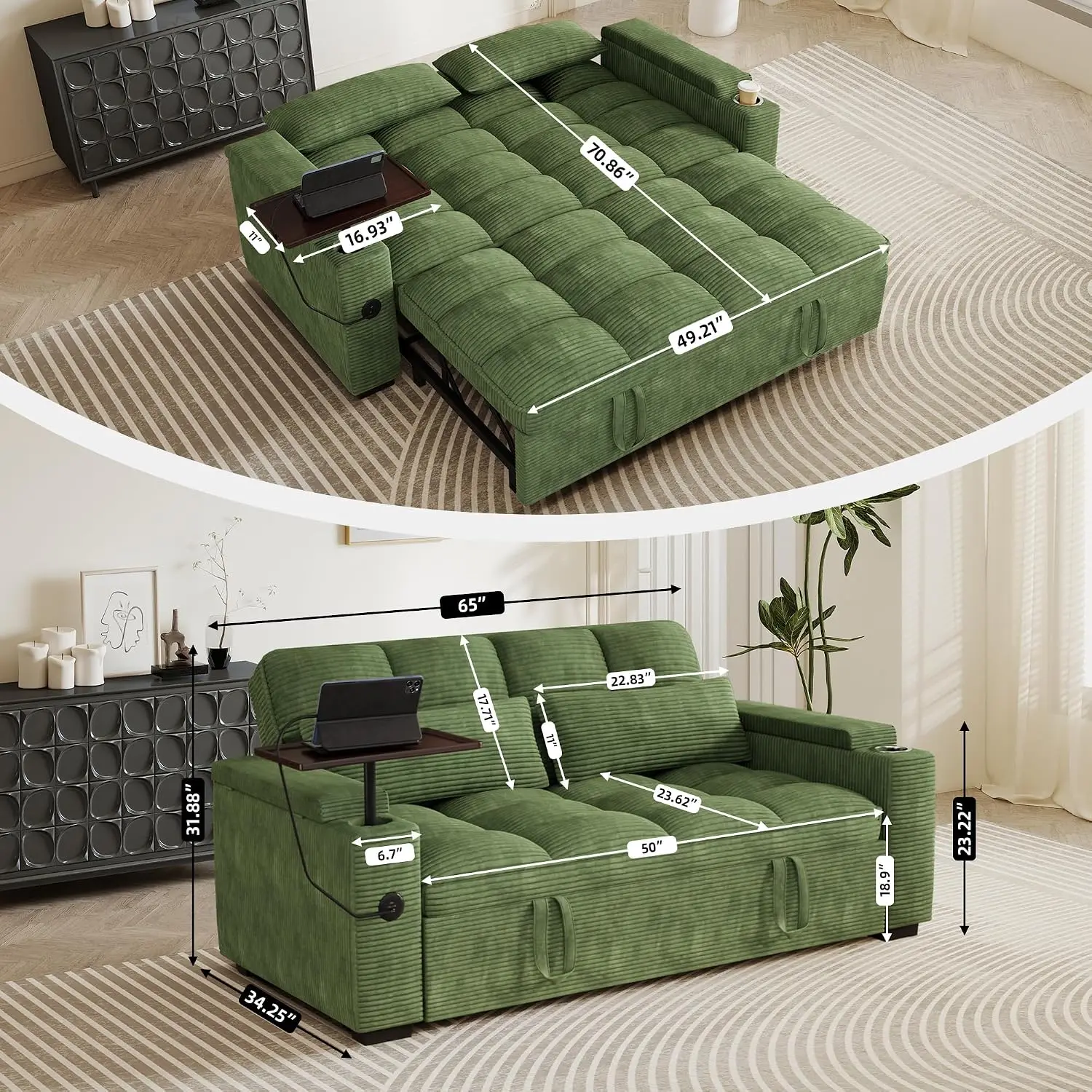 65'' Sleeper Sofa With Cup Holder For Apartments, Customized