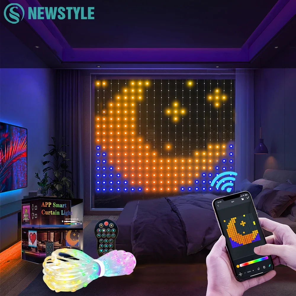 Smart RGB Curtain Lights String LED Color Changing Fairy Curtain Lights Outdoor with Remote App Control for Bedroom Living Room