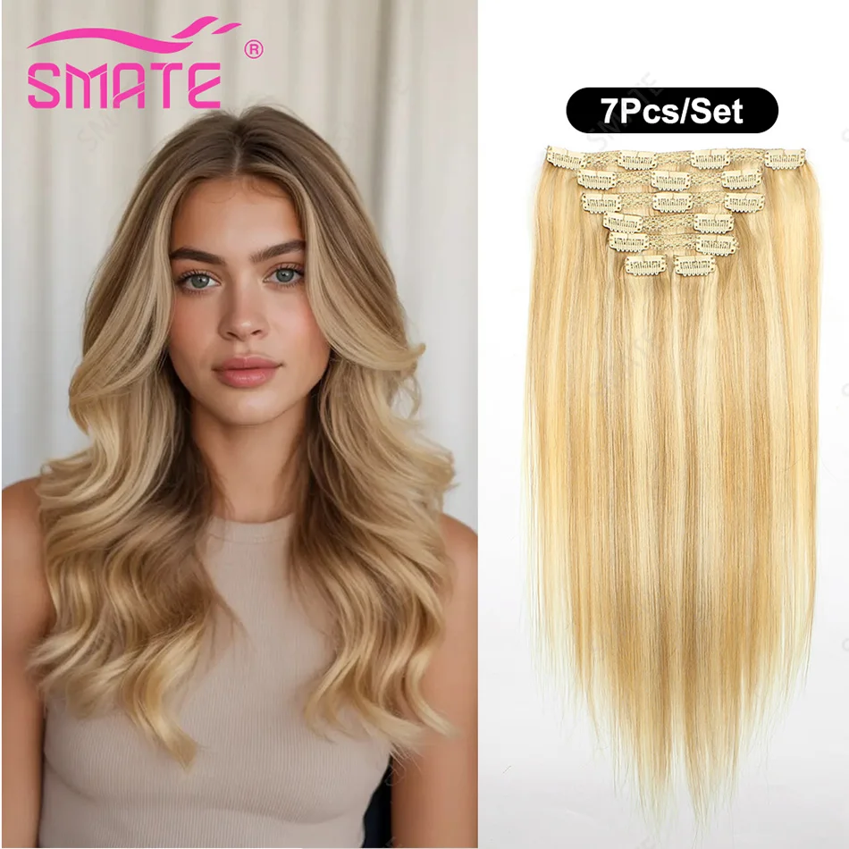 

Набор из 7 прядей бразильских натуральных волос Remy SMATE, прямые, оттенок P18/60, 14-26 дюймов, шелковистые и легкие в укладке, без спутывания, для женщин