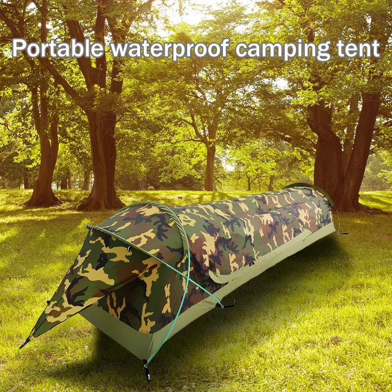 

Single Person Camouflage Tunnel Tent Outdoor Camping Portable Lightweight Rainproof Nylon Fabric Aluminum Pole Double Zipper