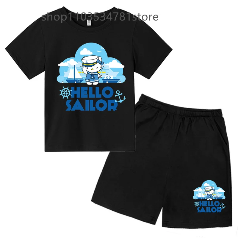 hello sailor Fashion Summer Children's Two-piece T-shirt set Round Neck Casual Short Sleeve boy Short sleeve shorts