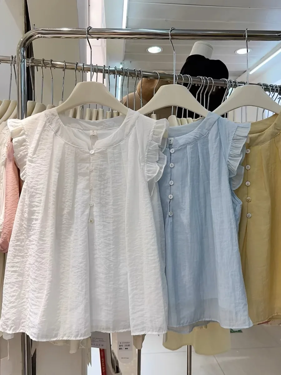 Nowa, jednolita, bawełniana lniana bluzka damska na lato, artystyczna, słodka, odmładzająca, w stylu lalki, luźny krój, casualowa, z okrągłym dekoltem.