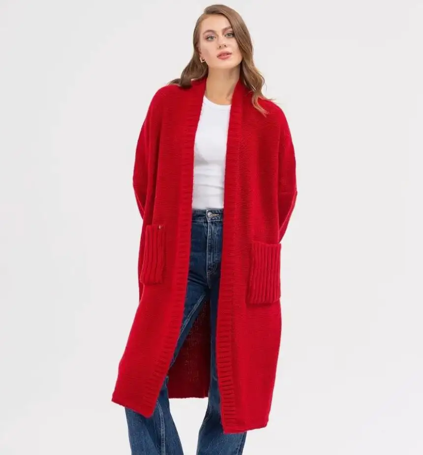 Classic Red Cardigan Sweater Autumn and Winter Loose Knit Sweater Medium To Long Length