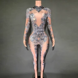 Sparkly Rhinestones Stretchy Long Sleeve Jumpsuit for Women Sexy Performance Dance Costume Celebrate Party Birthday Outfit