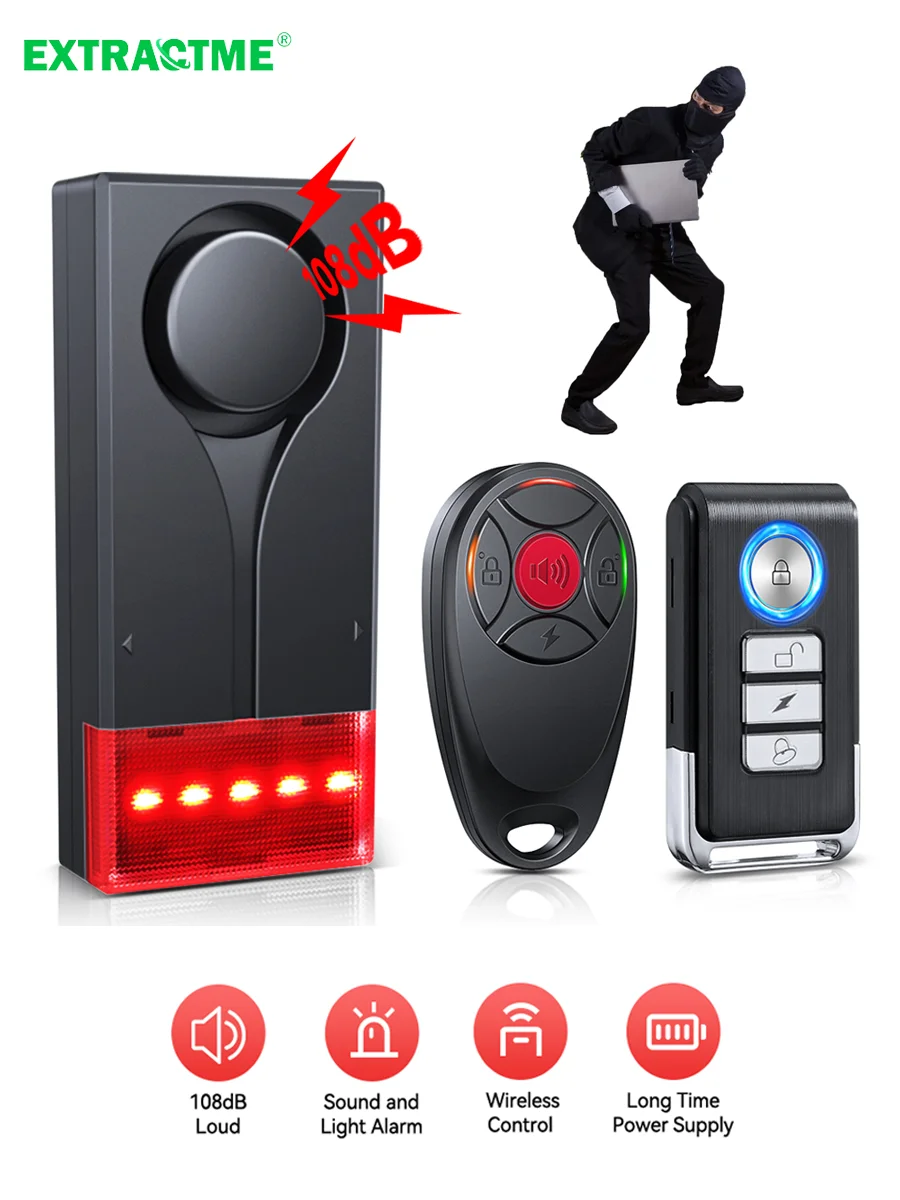 Extractme 108dB Anti-Theft Alarm Wireless Vibration Alarm with Remote Control Door and Window Alarm Ship Alarm Security System