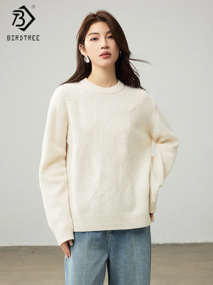 버드트리, 100% 양모 자카드 니트 스웨터, 여성용 O넥 긴팔 루즈 니트웨어, 2025 가을 화이트 풀오버 T59012JF