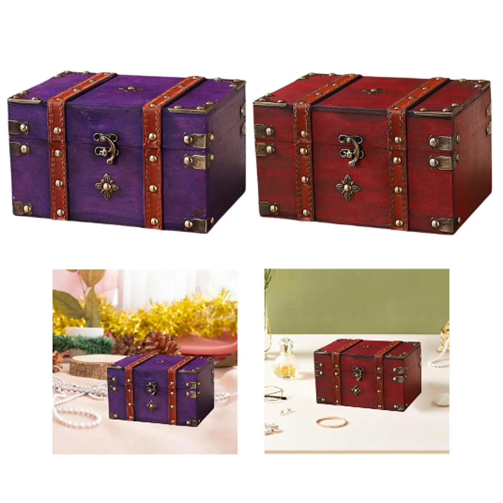 

Wooden jewelry box in vintage design, treasure chest for bracelets, rings,