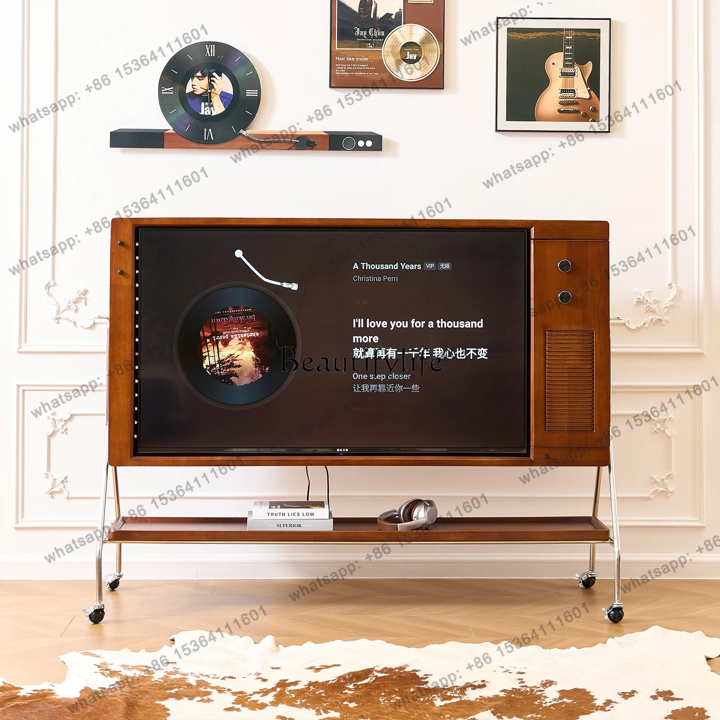 

X4 Retro premium solid wood mobile TV cabinet with roller storage medieval bracket cabinet floor-to-ceiling small apartment