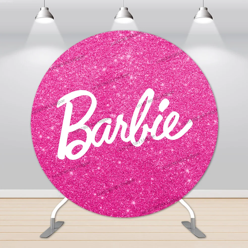 Pink Barbie Round Birthday Backdrops Covers Girls Princess Kids  Party Background Decoration Shiny Photo Cylinder Elastic Banner