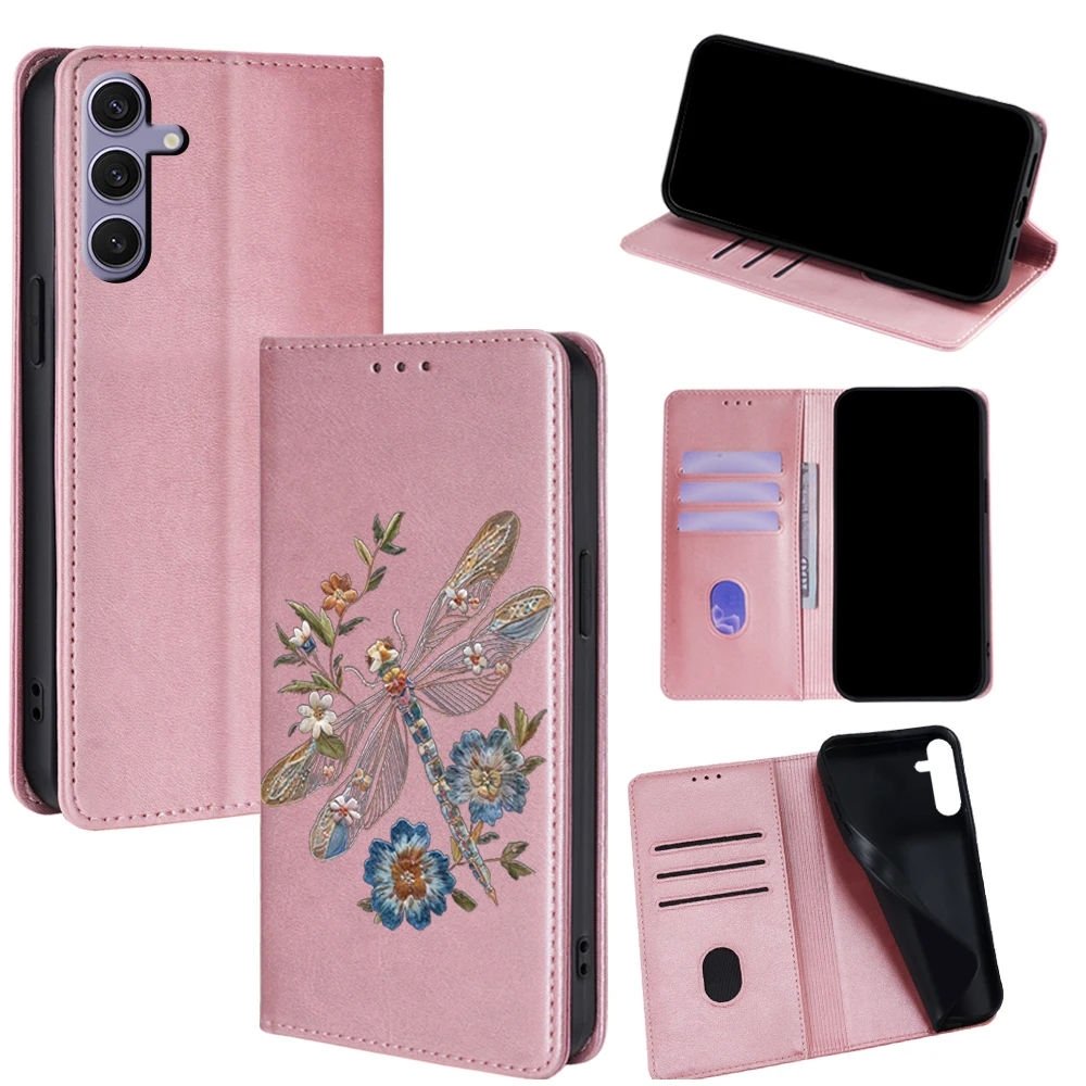 Libelle Blumenmuster Ledertasche für Samsung Galaxy A17 A07 A56 A36 A26 Galaxy S25 Ultra S25 FE S24 S23 S22 Plus Flip Cover