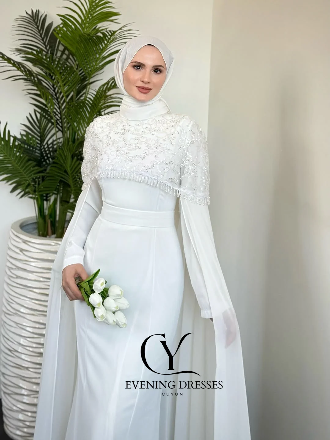 فستان سهرة إسلامي أنيق من CUYUN مطرز بالخرز شال حورية البحر فساتين حفلات طويلة مخصصة لحفلات الزفاف في دبي للعروس