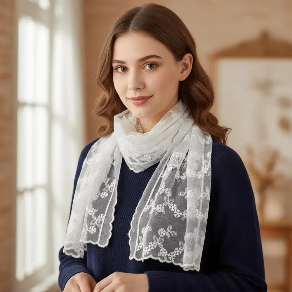 Casual Embroidered Flower Lace Scarf Lightweight Breathable Mesh Sunscreen Shawl Long Silk Scarf Spring