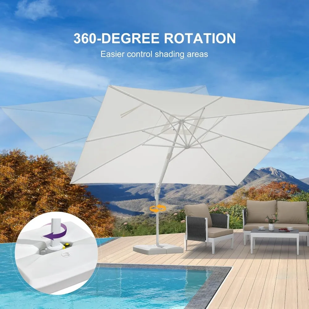 Patio Umbrella with Base 10' X 13' White Aluminum Frame White | Thicker ribs hold shape, Fade-resistant UV canopy,Customized