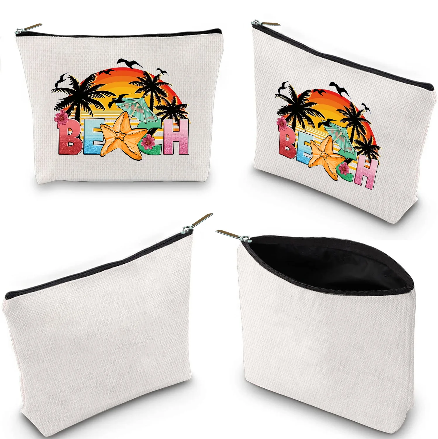 Bolsa de maquillaje de lino con estampado para mujer, bolso de almacenamiento de gran capacidad, organizador con cremallera, serie de estilos de verano