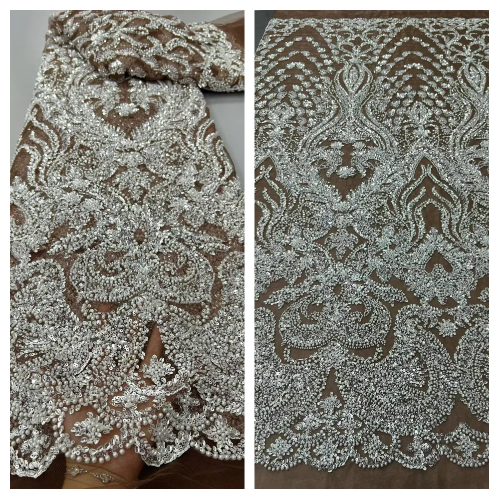 High Grade Shiny Sequins Tulle Lace Fabric with Tube Beads Sequins Embroidery French Net Lace for Party Wedding