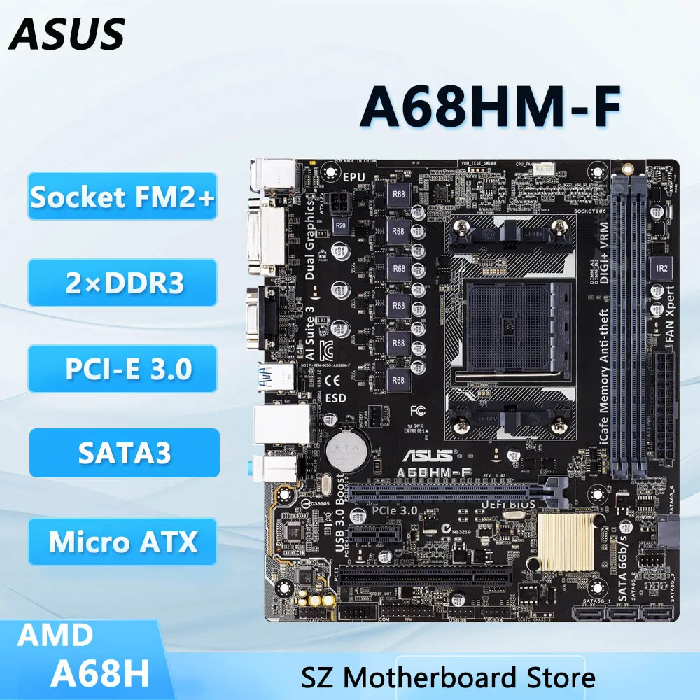 Placa base ASUS A68HM-F AMD A68H Socket FM2+ DDR3 32GB compatible con procesador AMD A10-6800 A10-7890 A6-5400B A8-6500