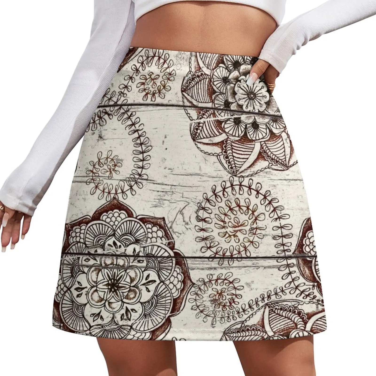 

Coffee & Cocoa - brown & cream floral doodles on wood Mini Skirt night club outfits novelty in clothes korean style skirt