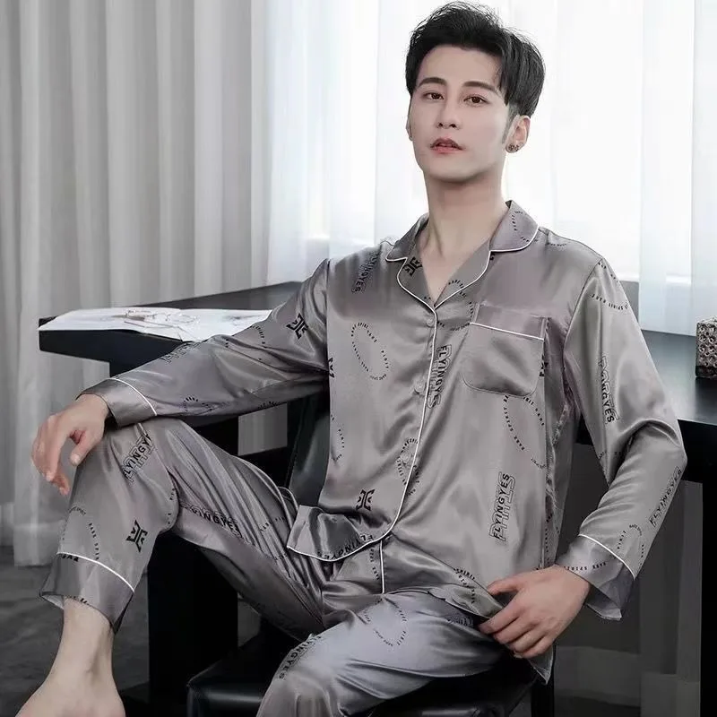 Men's Pajamas Spring Autumn Sleepwear Teenager Thin Silk Homewear Set 2024 New Long Sleeve Fashion Loungewear V-neck Nightwear