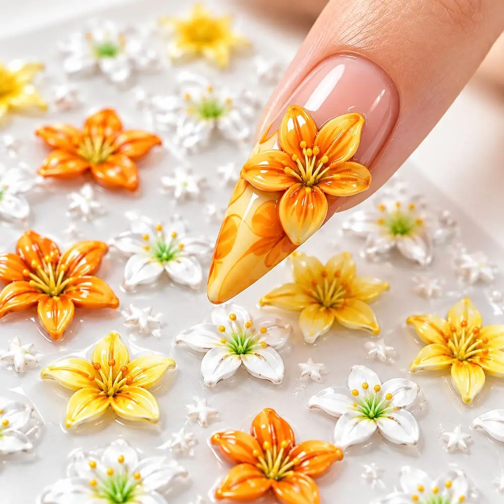 1Pc Autumn Fall Lily Flower 5D Nail Art Stickers Embossed Self Adhesive Floral Decals for Seasonal Manicure Acrylic Nails Decor