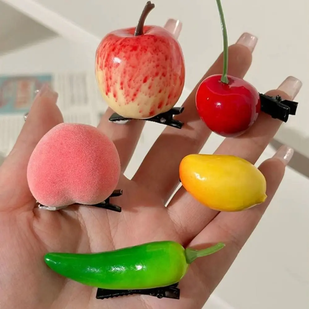 Funny Simulation Fruit Hairpin Cartoon Cherry Peach Lemon Fake Food Hairclip Child Duckbill Clip Barrette Women Kids Photo Props