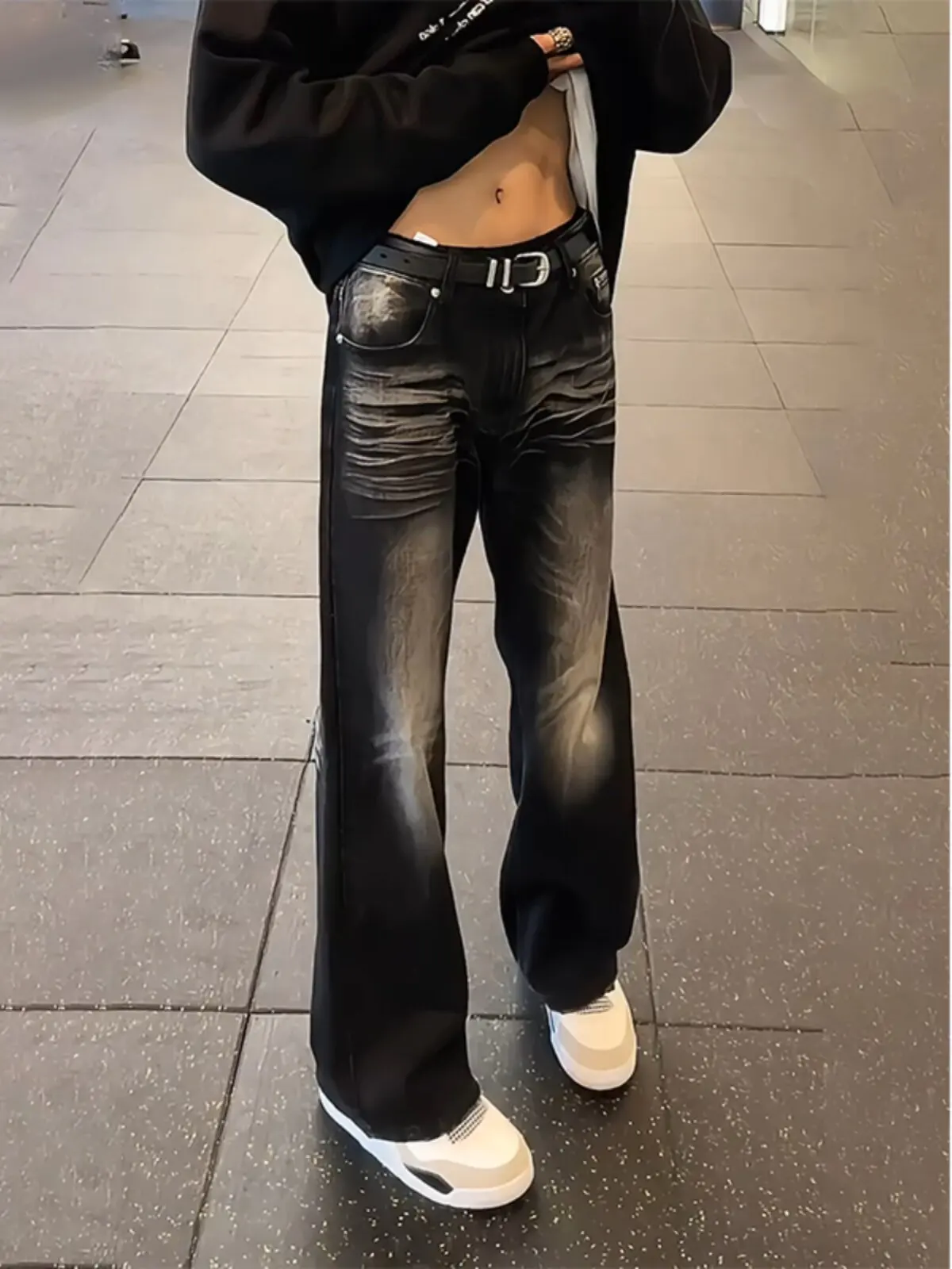Blue Lightning Patterned Slim Fit Knife  Jeans for Men Straight Leg Micro Flared High Street American Style Casual Jeans