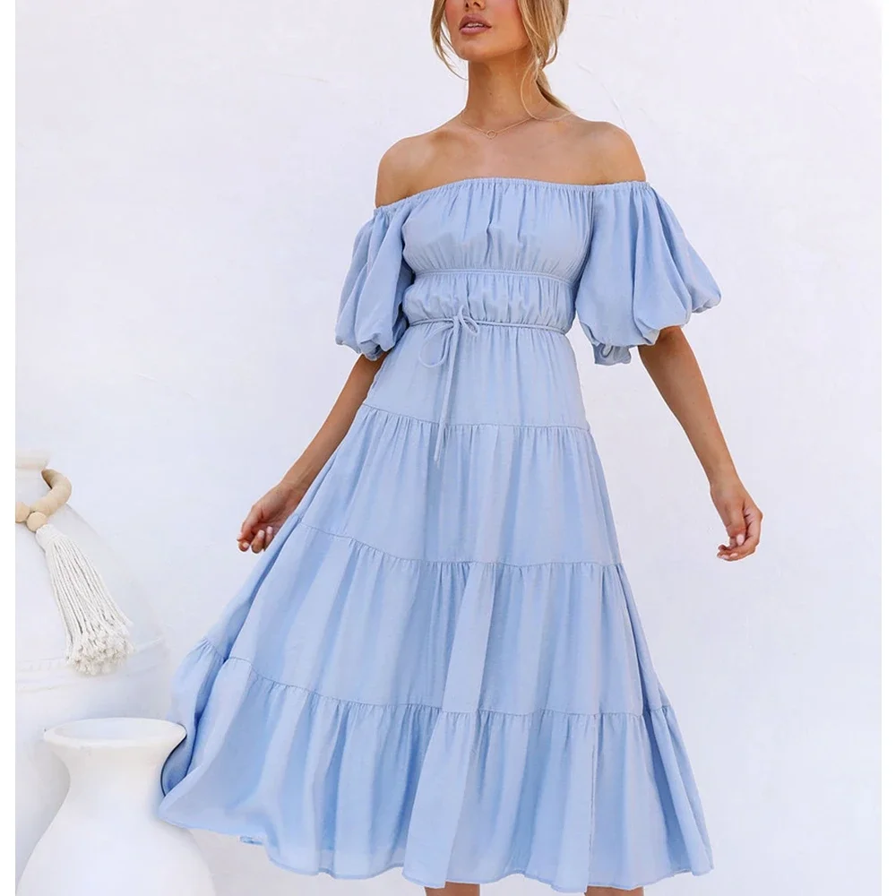 Puff Sleeve Dress Solid Color Slash Collar Cute Sexy Tied High Waist A-line Dress for Women Summer Casual Maxi Dress