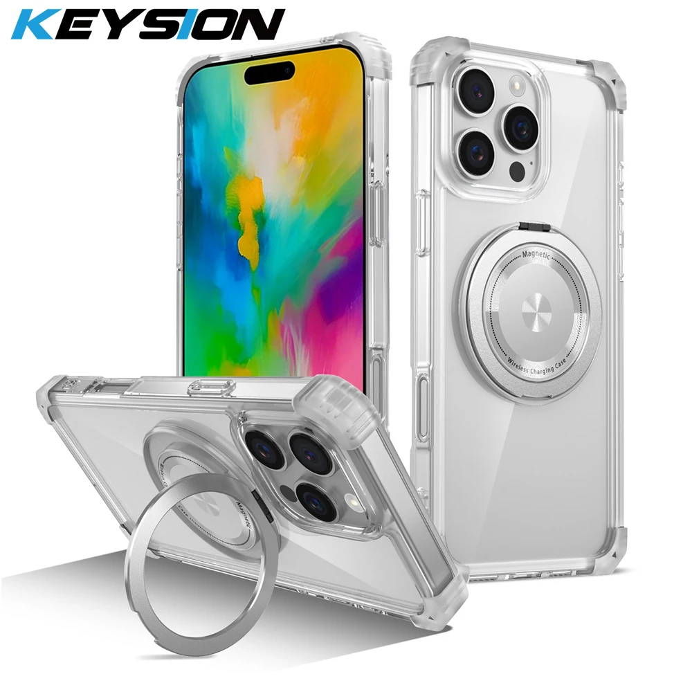 

Прозрачный противоударный чехол KEYSION HD для iPhone 16 Pro Max 16 Plus, вращающийся на 360 ° чехол-подставка с магнитным кольцом