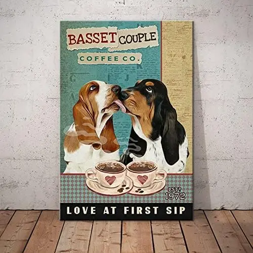 Vintage Poster Metal Sign Basset Hound Dog Couple Coffee Wall Decor Gift For Home Kitchen People Cave Gym Office Club Bar T