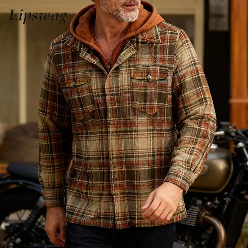 Winter Warm Thickened Overcoats Men Vintage Plaid Patchwork Hooded Jacket Mens Spring Stylish Zipper Double Layered Design Coat