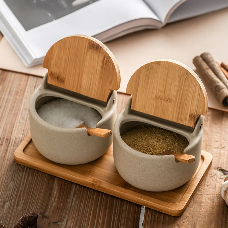 Ceramic Seasoning Jars with Wooden Lid Salt Shakers Kitchen Supplies White Spice Organizer Canister Spoon Set White Sugar Box