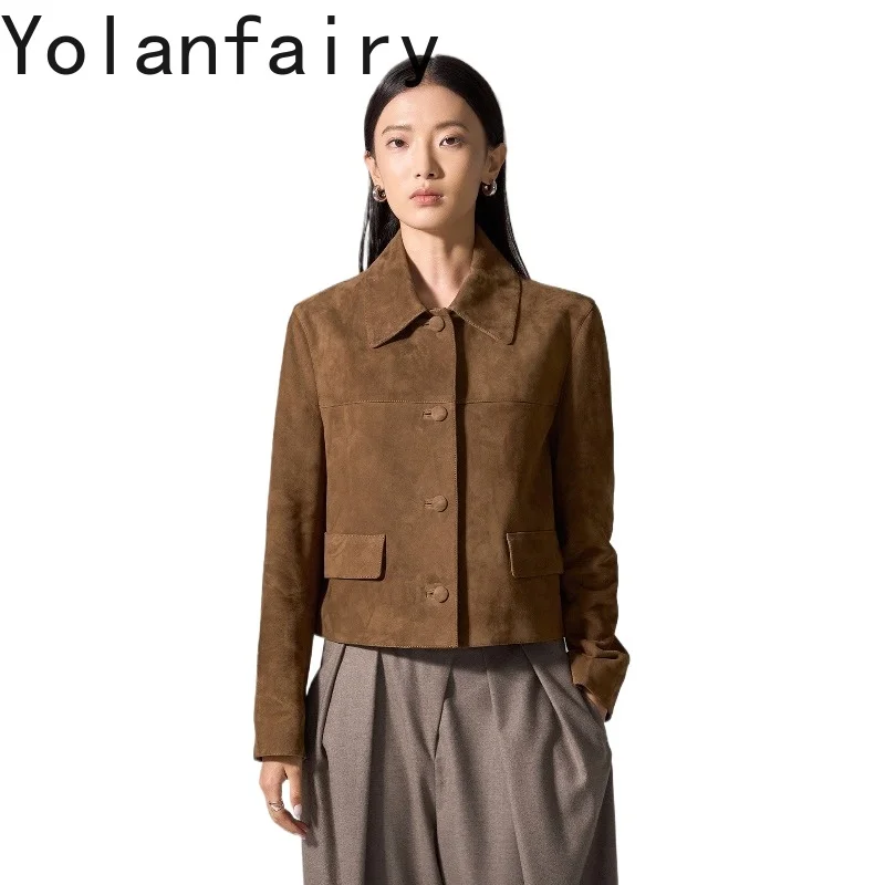 YOLANFAIRY Top Quality 100% Genuine Leather Jacket Women Vintage Suede Sheepskin Real Leather Coat Elegant Short Leather Jackets