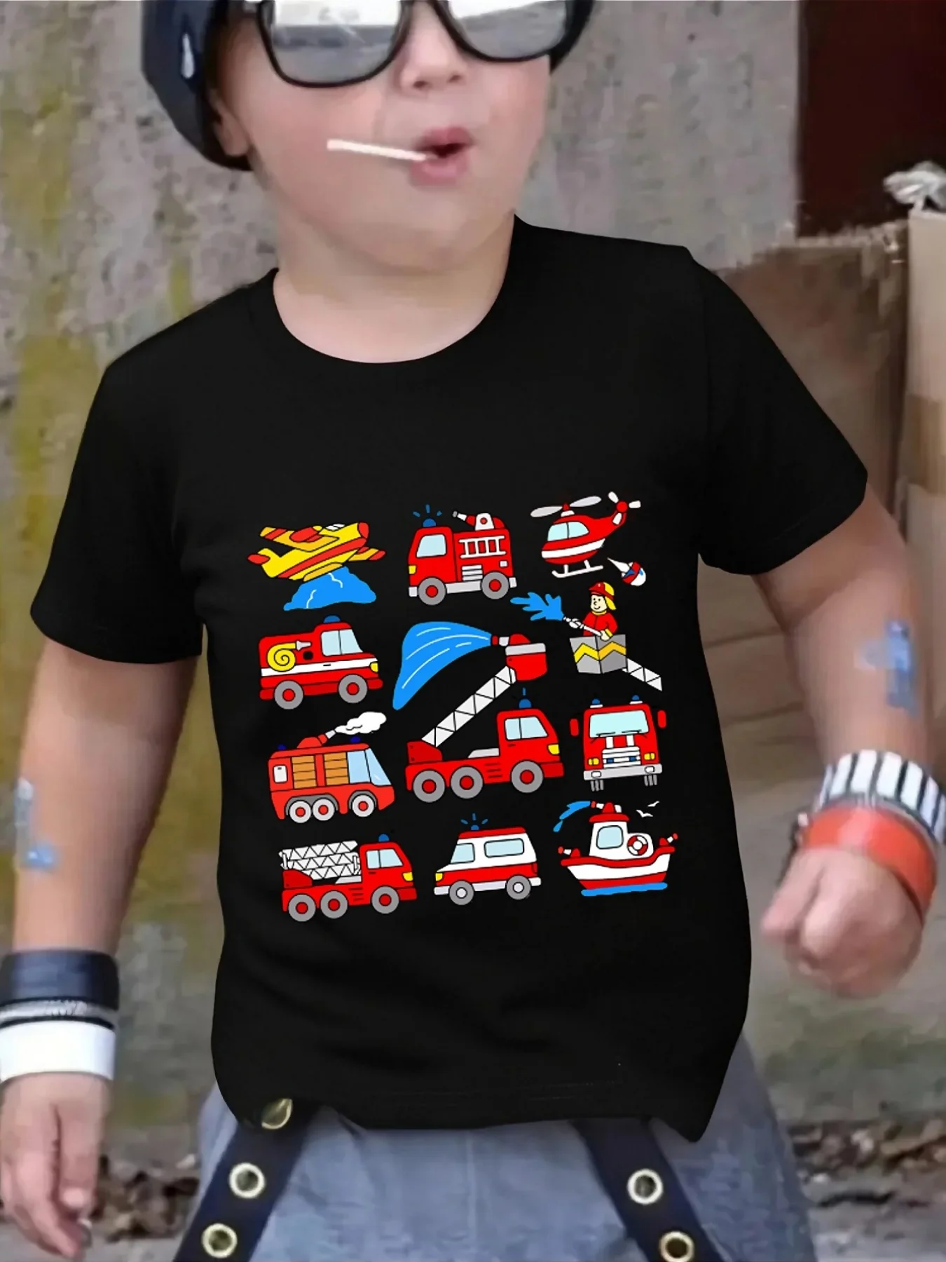 Fire Truck Rescue Vehicle Cartoon Family Matching T Shirt Boys Girls Short Sleeve Summer Crew Neck Parent Child Cute Casual Tops