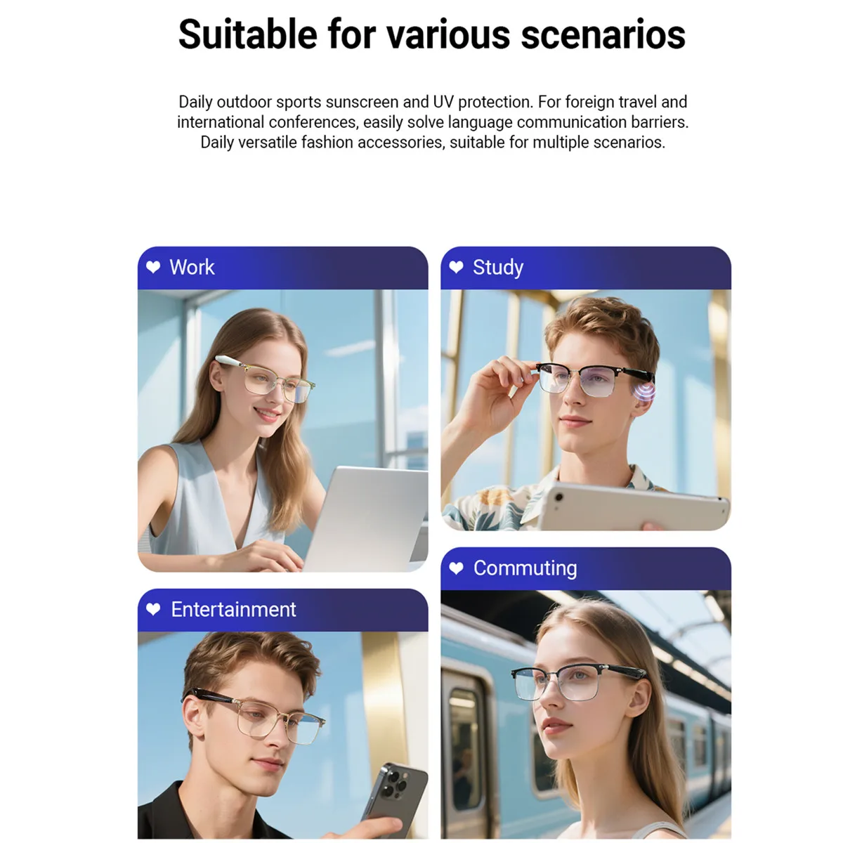 Smart Glasses Translate Language Answer Call Voice Assistant Listen Songs Anti Blue Light 100+Language Translation Smart Glasses