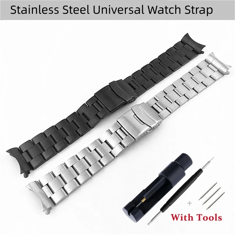 Hochwertiges Massives Edelstahl-Uhrenarmband für 20mm 22mm Universelle Gebogene Endstücke Metall-Uhrenband-Zubehör mit Werkzeug
