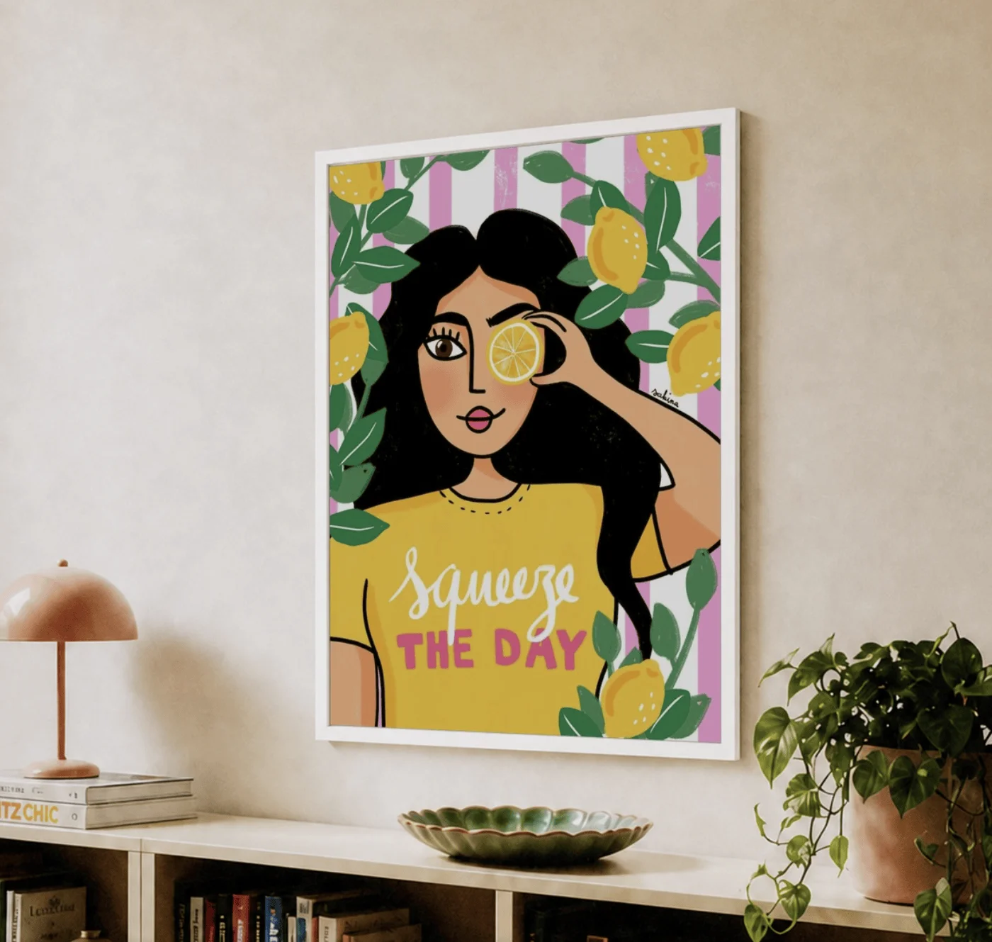 Squeeze The Day Wall Art Canvas Prints, Lemon Girl Posters, Bright Boho Decor for Living Room Bedroom Gallery Wall Decor