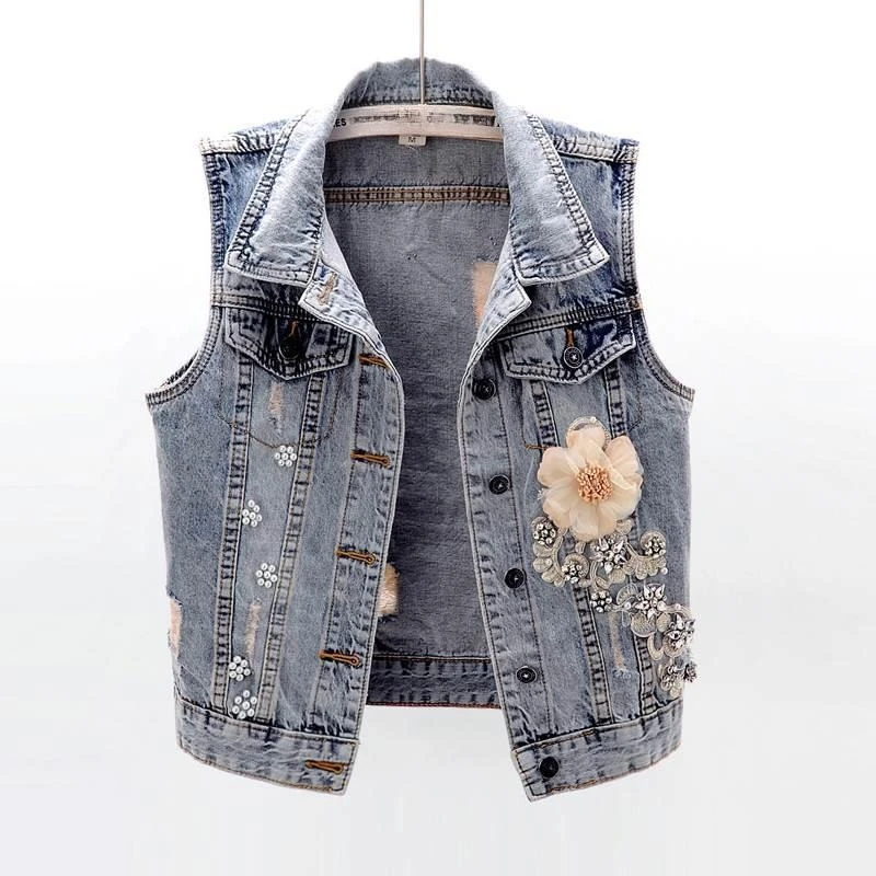 

2025 Autumn New Denim Vests Turn Down Collar Three Dimensional Flowers Beading Coats Fashion Elegant All Match Women's Clothing