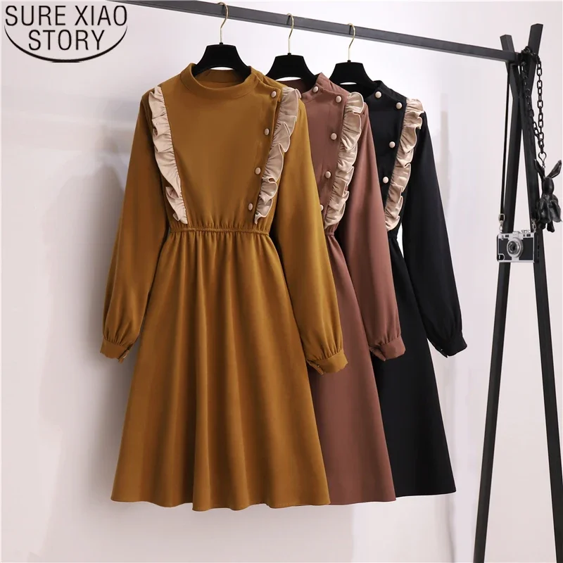 Elegant Fashion A-Line Solid Elastic Waist Female Dress Autumn 2024 Gentle Ruffled Women Long Dress Slimming Draped Dress 12024