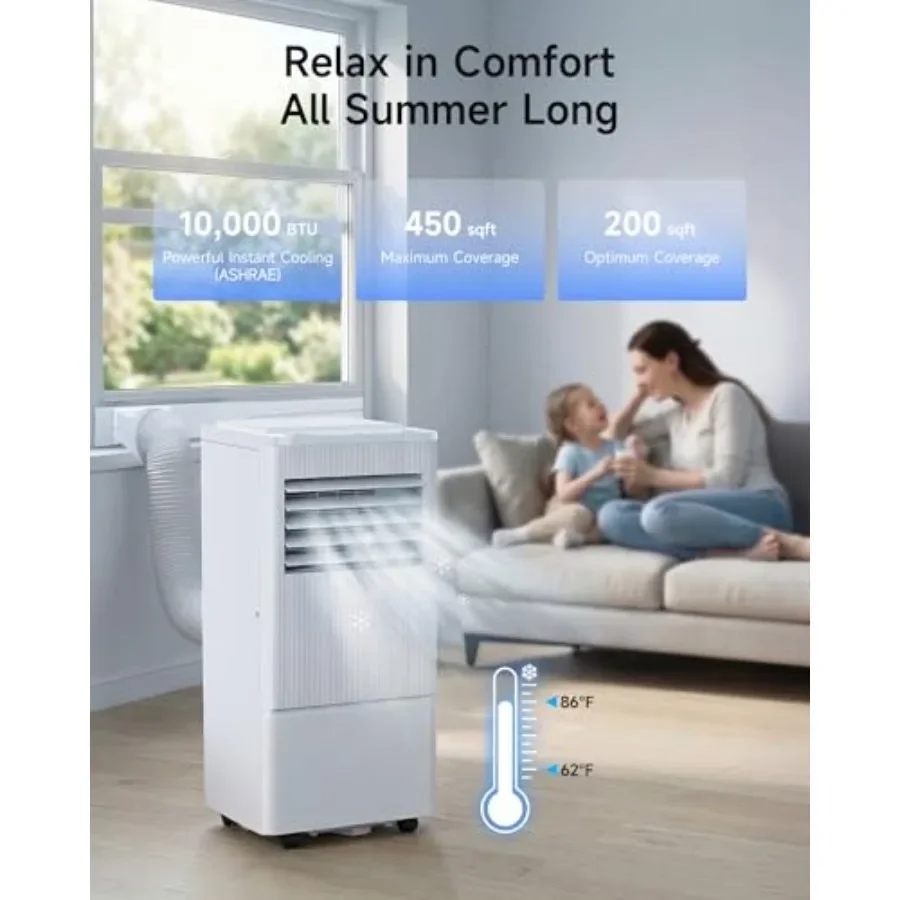 Portable air conditioner for bedroom and kitchen, 10000 BTU, white, 4-in-1 cooling, dehumidifying, fan, sleep modes with remote