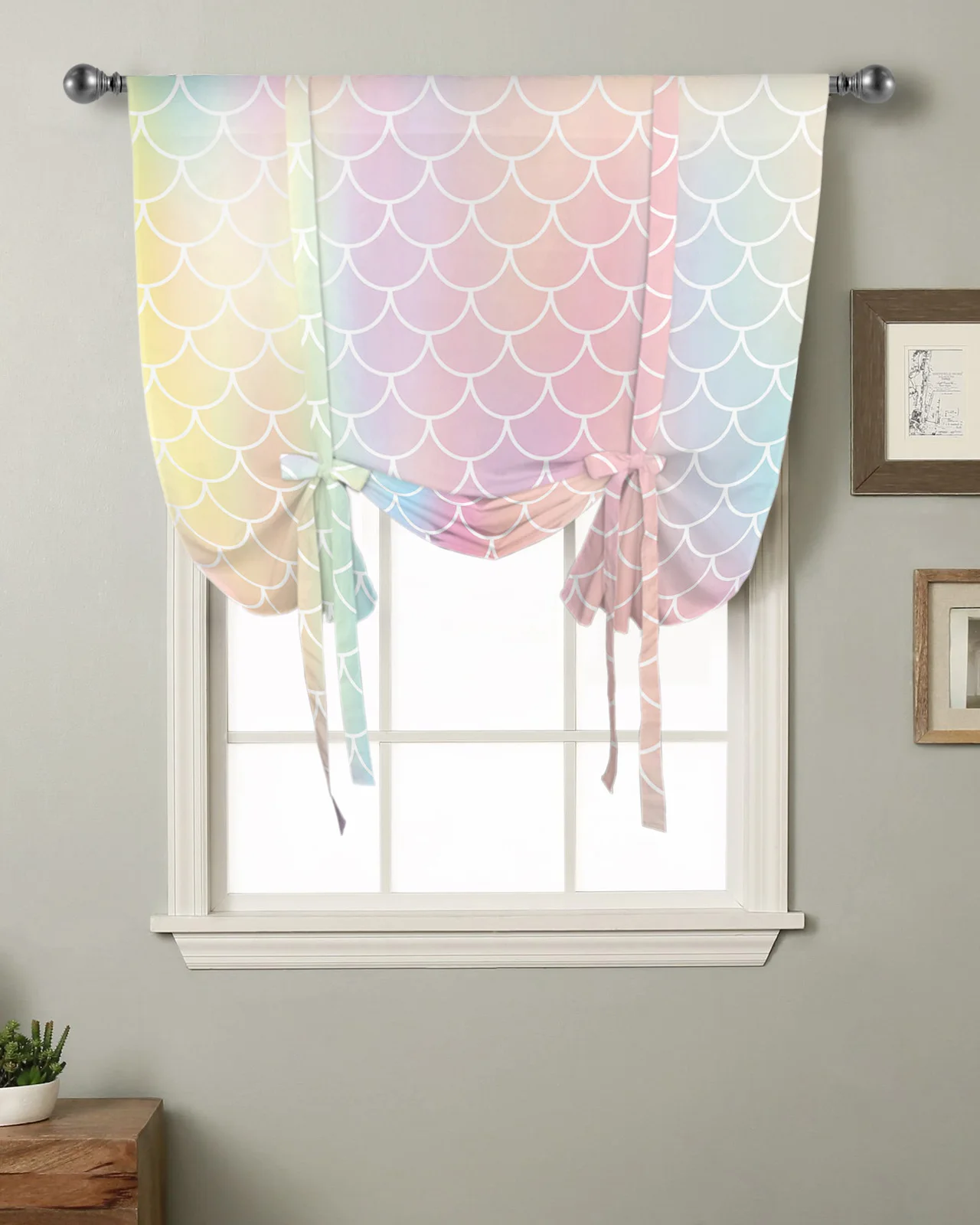 Mermaid Scales Rainbow Colors Window Curtain for Living Room Roman Curtains for Kitchen Cafe Tie Up Short Drapes