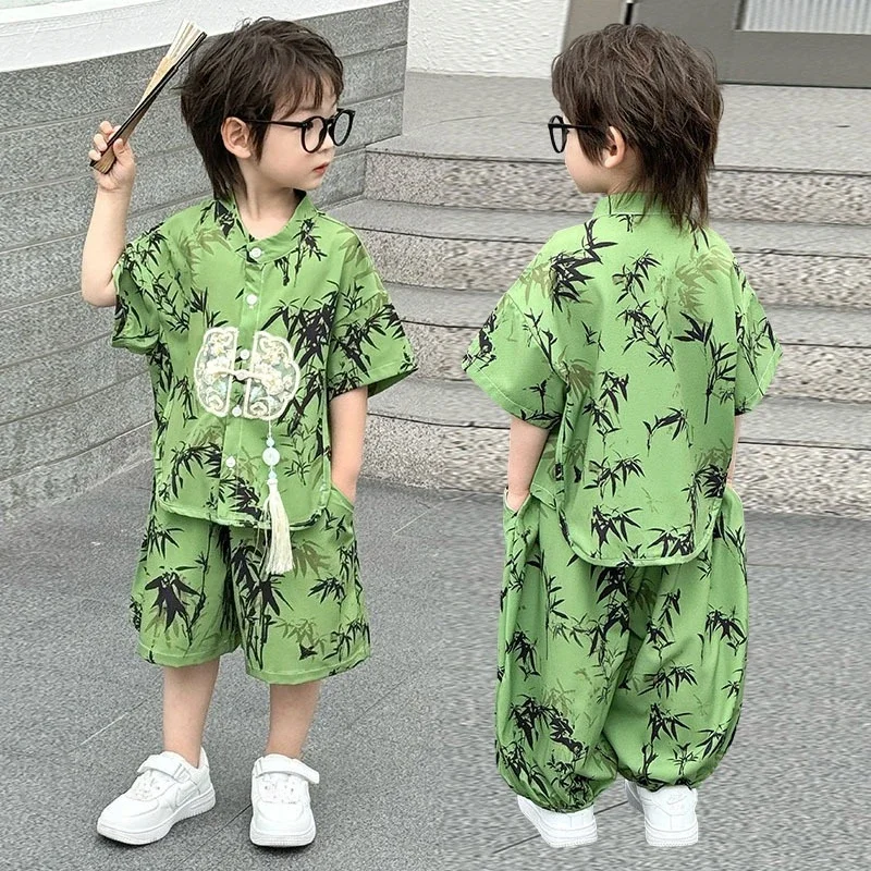 

Летний комплект из 2 предметов с короткими рукавами, костюм для мальчиков, детская одежда, повседневная одежда для мальчиков, костюм Ханфу в стиле Тан, модные детские комплекты для малышей