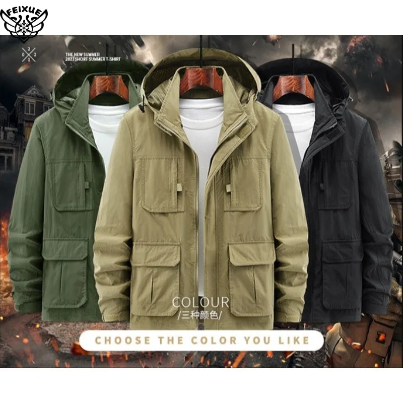 

Men Autumn Cargo Outdoor Casual Detachable Hooded Jacket Men Utility Many Pocket Zipper Solid Color Windproof Jacket Male Coat