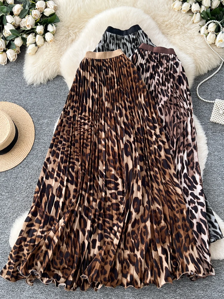 

Vintage leopard print Skirt New Spring Skirts New Elegant Skinny elastic high waisted Maxi pleated skirt Woman Clothing