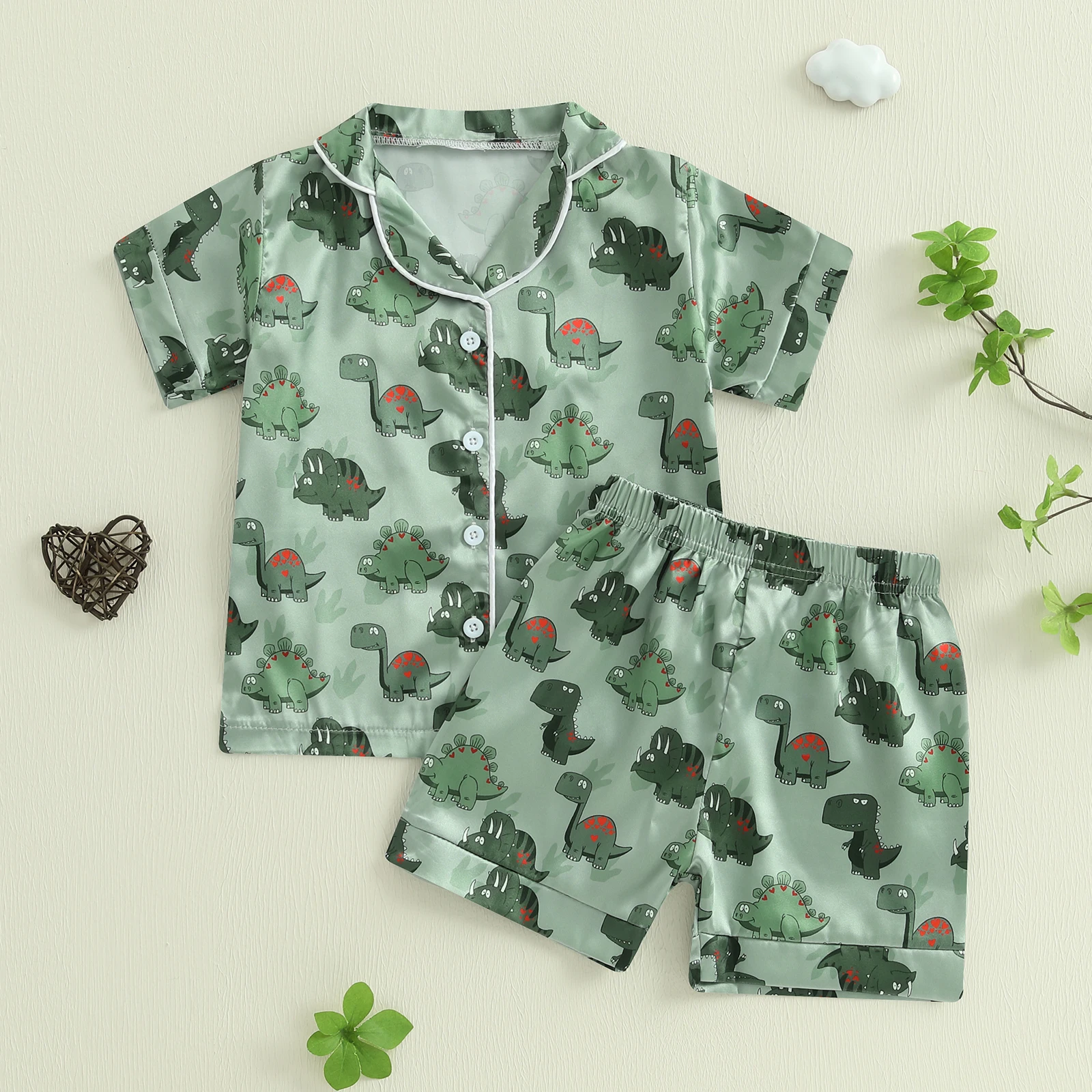 Kids Boys Summer Pajama Sets Dinosaur Print Turn-Down Collar Short Sleeve Shirts Elastic Waist Shorts Suit Sleepwear Loungewear