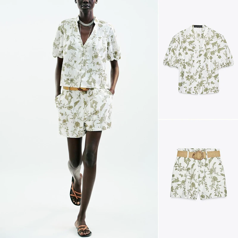 

Вышитый ажурный принт V-Ne ort Sve Топ Повседневная бумага с высокой талией Sle orts Женский комплект летней одежды Faion