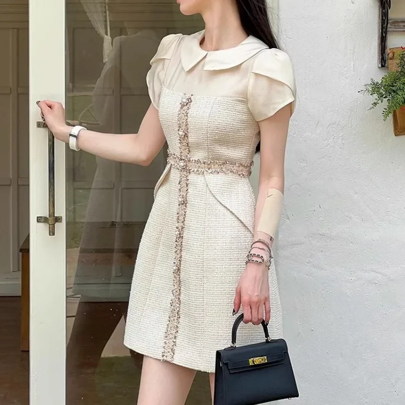 Apricot Tweed Dress Women Vintage Puff Sleeve High Waisted Elegant Clothing Female Runway Design Bodycon Dress Fall