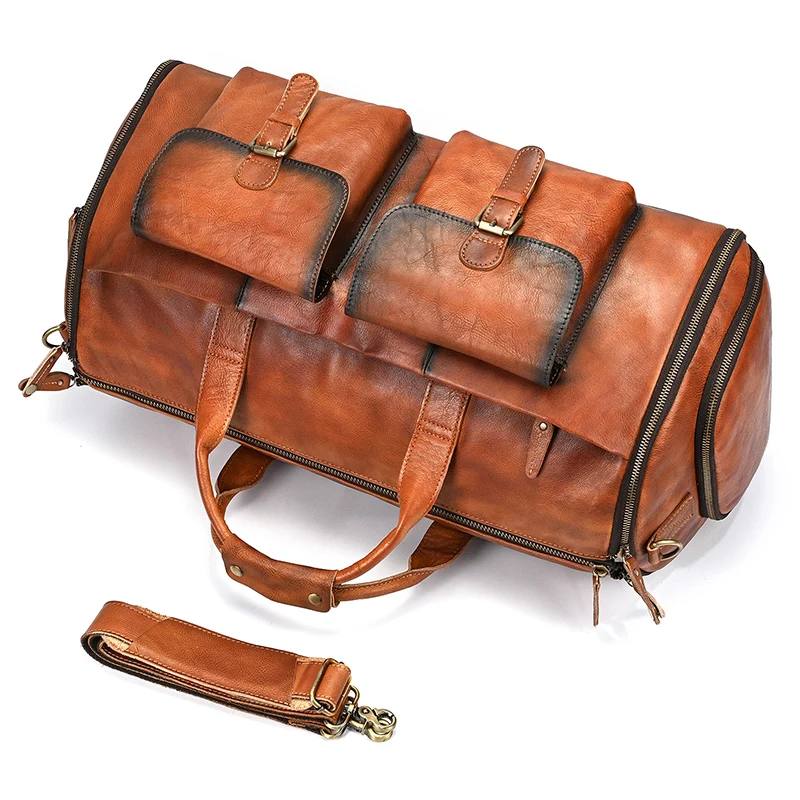Soft Cowskin Leather Travel Duffle Bag Men Women Weekender Shoulder Hand Luggage Suit Carry-On Fashionable Male Weekender Bag